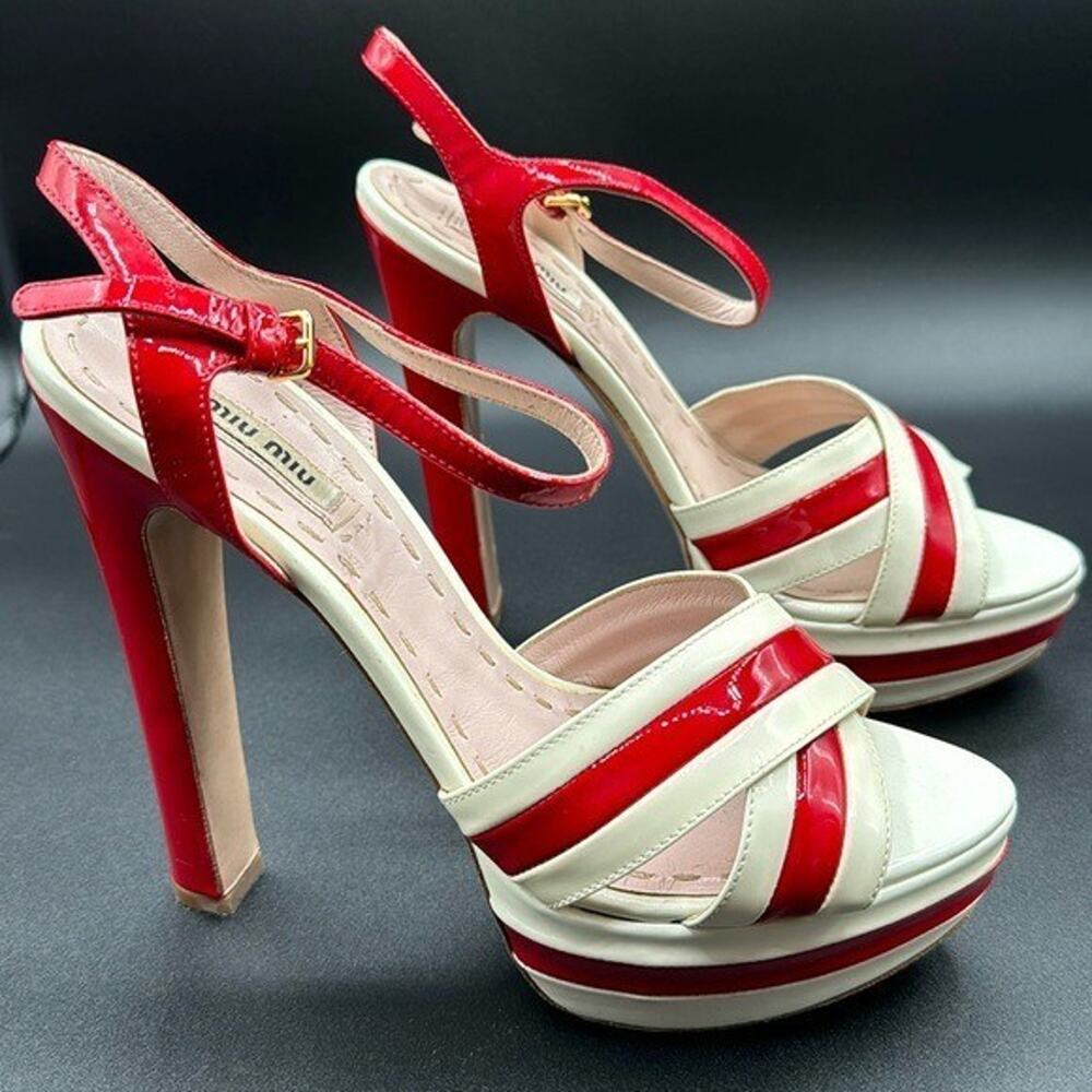 Miu Miu Two Tone Patent Leather Platform Cross Strap Sandals Size EUR 38